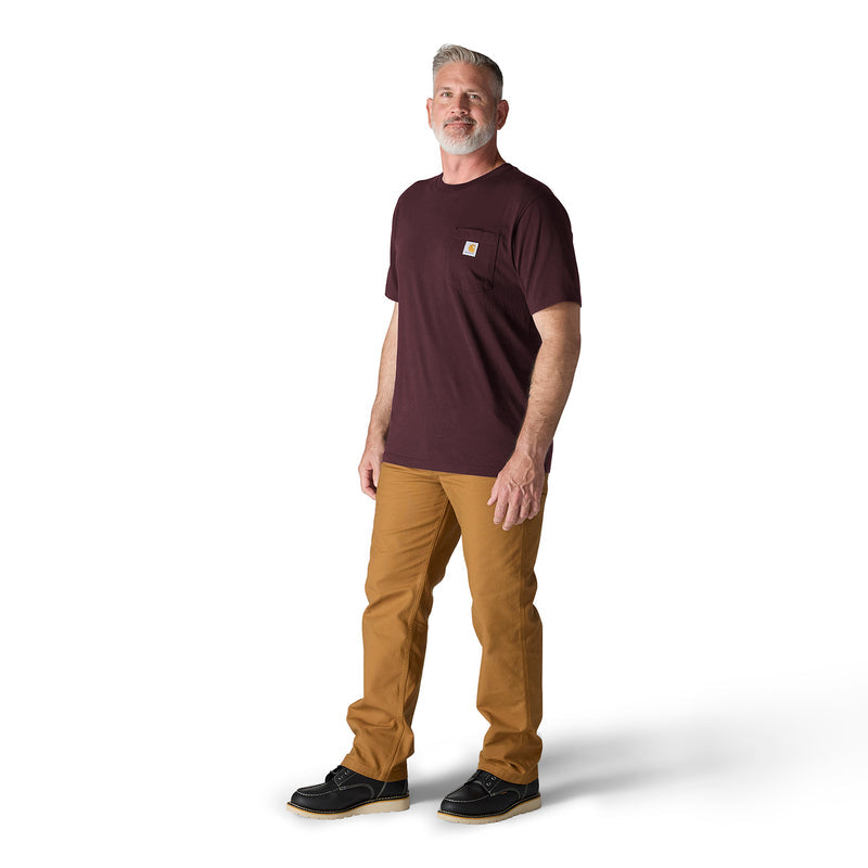 Men's loose-fit pocket tee in dark port maroon, side view with chest pocket.