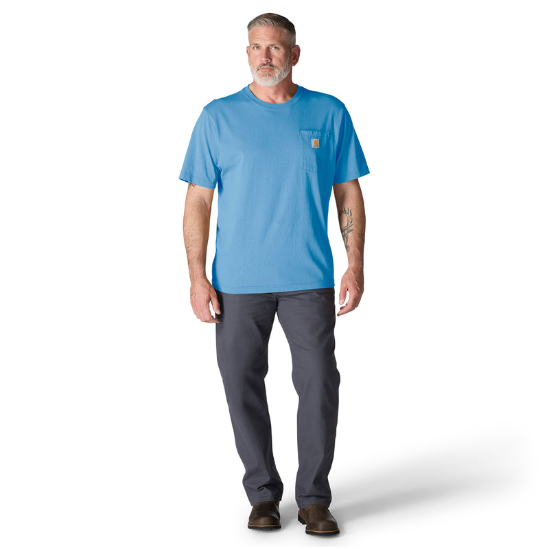 Horizon blue loose-fit pocket T-shirt on model, crew neck and chest pocket