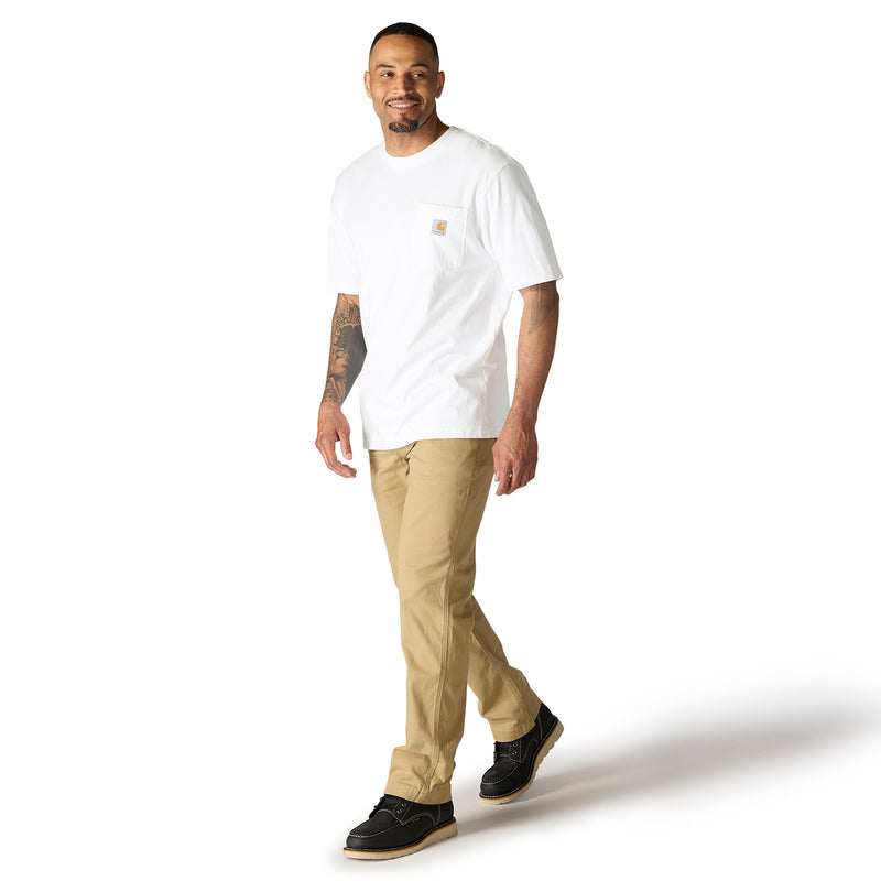 White loose-fit men’s pocket tee, crew neck and short sleeves with chest logo patch