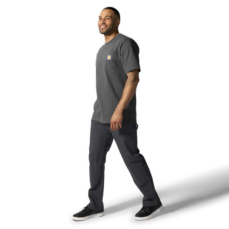 Carbon heather pocket T-shirt, crew neck, short sleeves, side view.