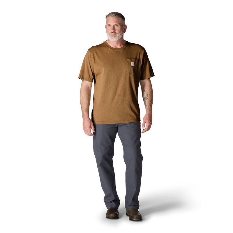 Men's Carhartt Brown loose-fit pocket tee worn by model, crew neck and chest pocket