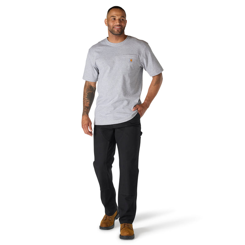 Heather grey short-sleeve pocket tee with relaxed fit, worn with dark pants.