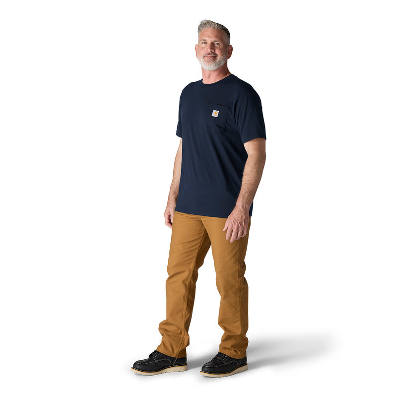 Men's navy loose-fit pocket T-shirt with front chest pocket and Carhartt label, side profile