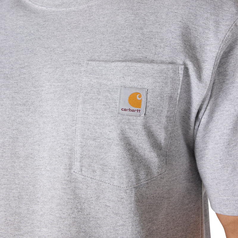 Heather grey chest pocket tee with visible pocket and Carhartt logo patch.