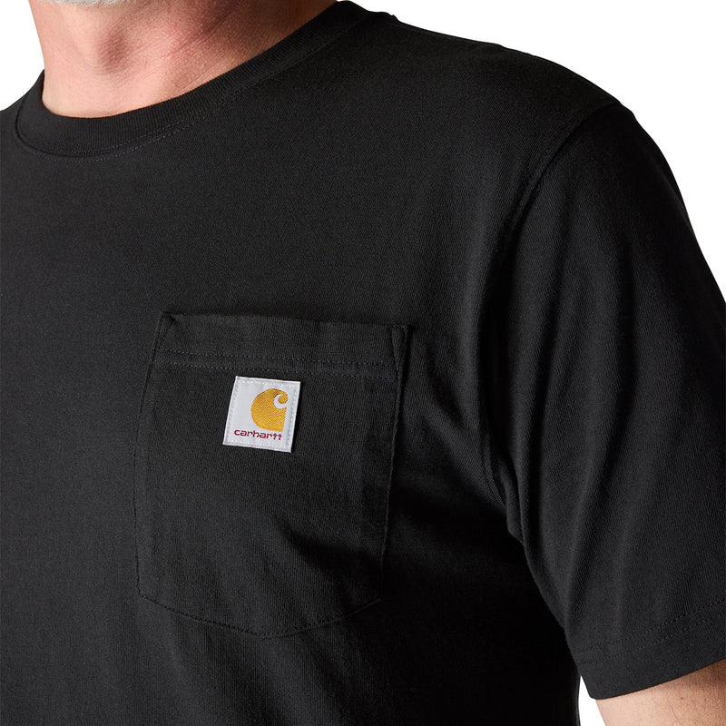 Close-up of black chest pocket on pocket tee with Carhartt logo patch