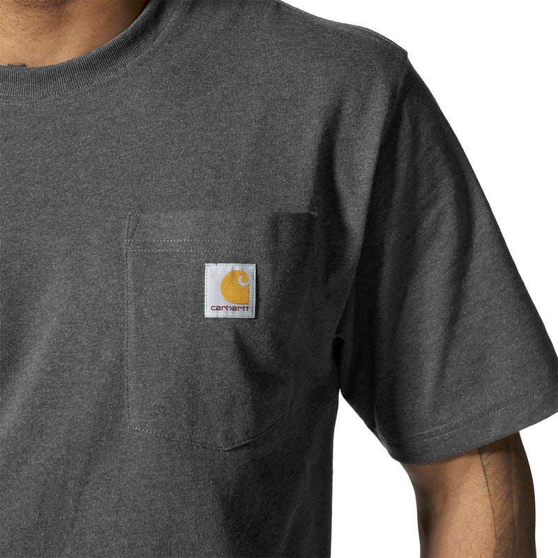 Carbon heather T-shirt with front chest pocket and small logo patch.