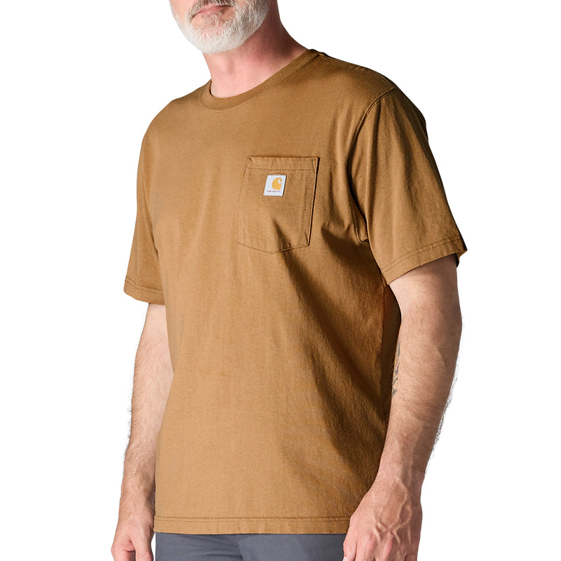 Men's Carhartt Brown pocket tee, close-up of chest pocket and crew neckline