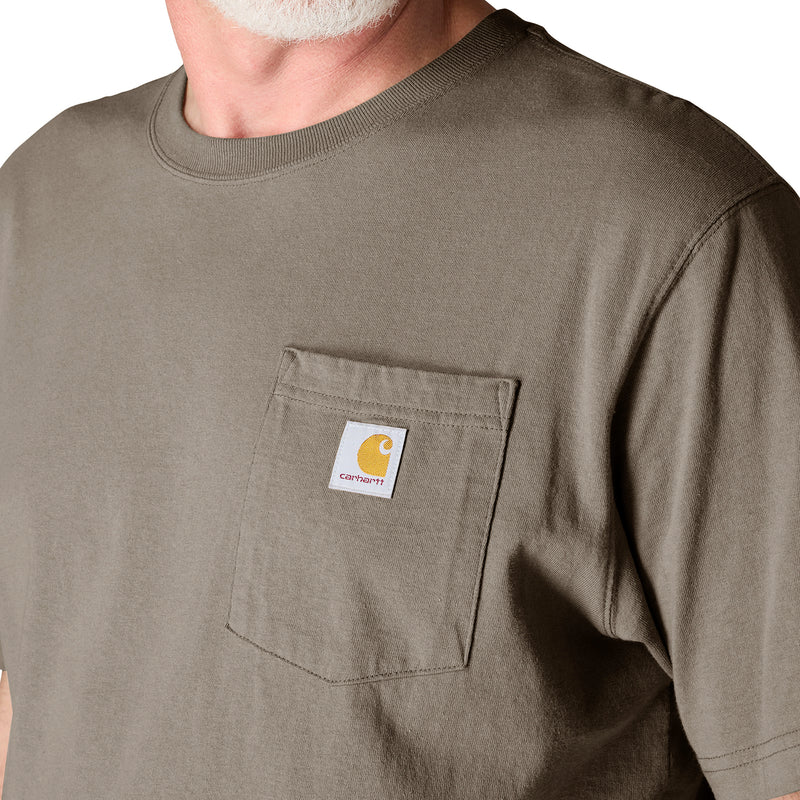 Olive-brown chest pocket tee with logo patch detail