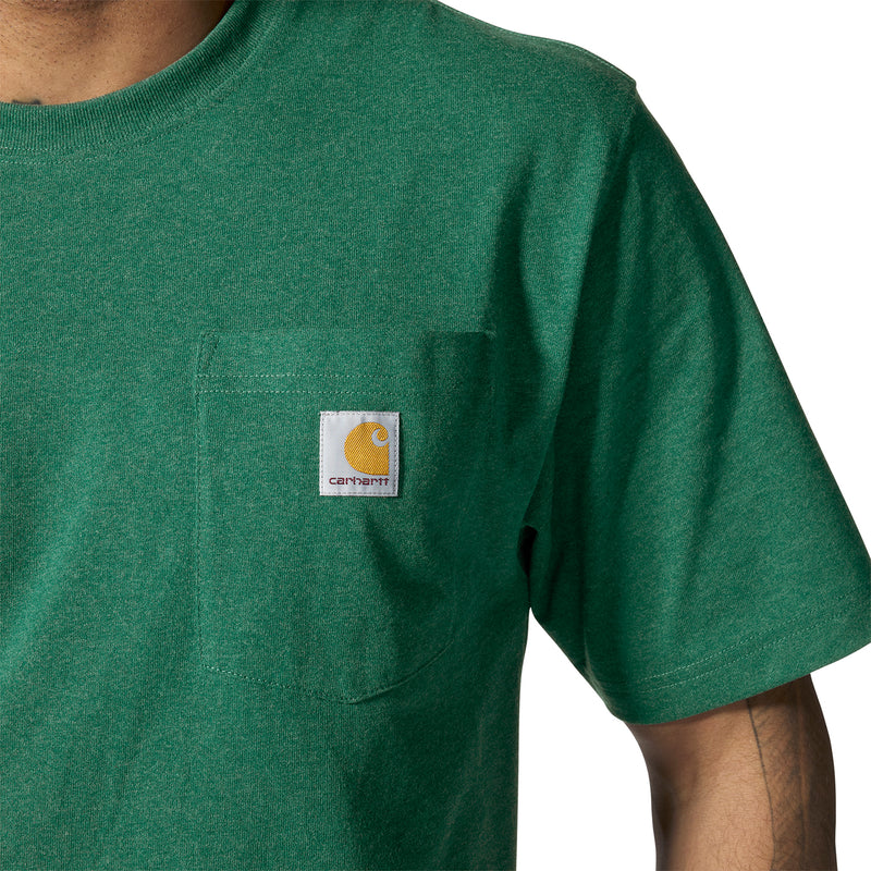 Green T-shirt with front pocket and woven logo patch