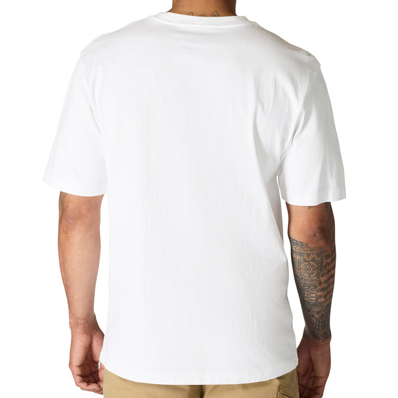 Back view of white loose-fit men’s pocket tee with short sleeves and crew neck