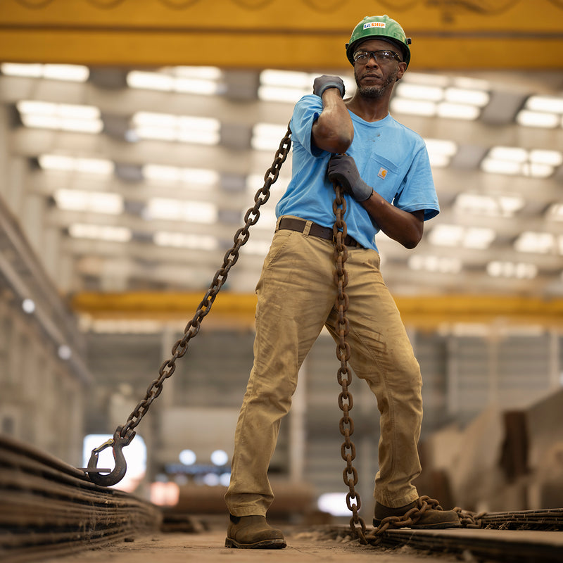 Horizon blue loose-fit pocket T-shirt worn on a man in workwear setting