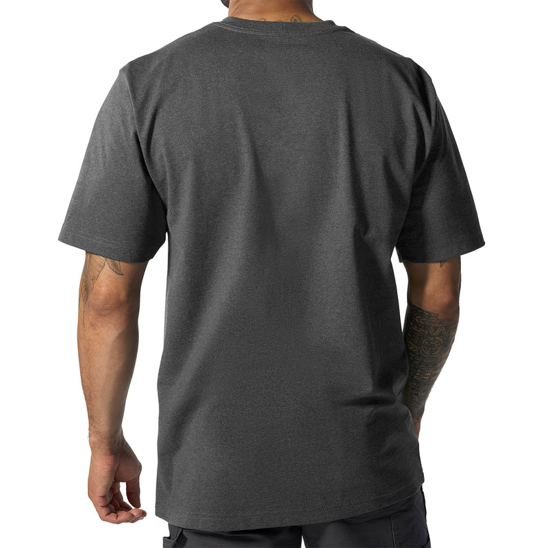 Carbon heather pocket T-shirt, crew neck, short sleeves, back view.