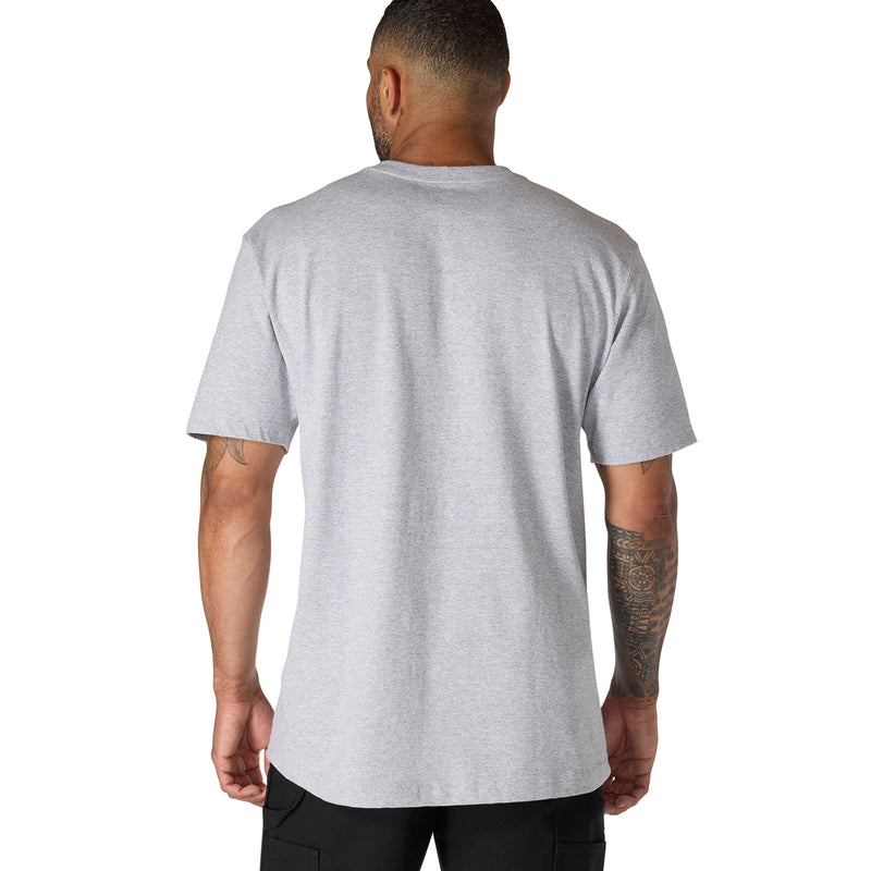 Heather grey pocket tee with crew neck and short sleeves, shown from back.