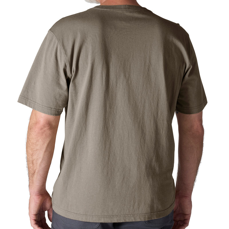 Back view of men's olive-brown loose-fit pocket tee, short sleeves