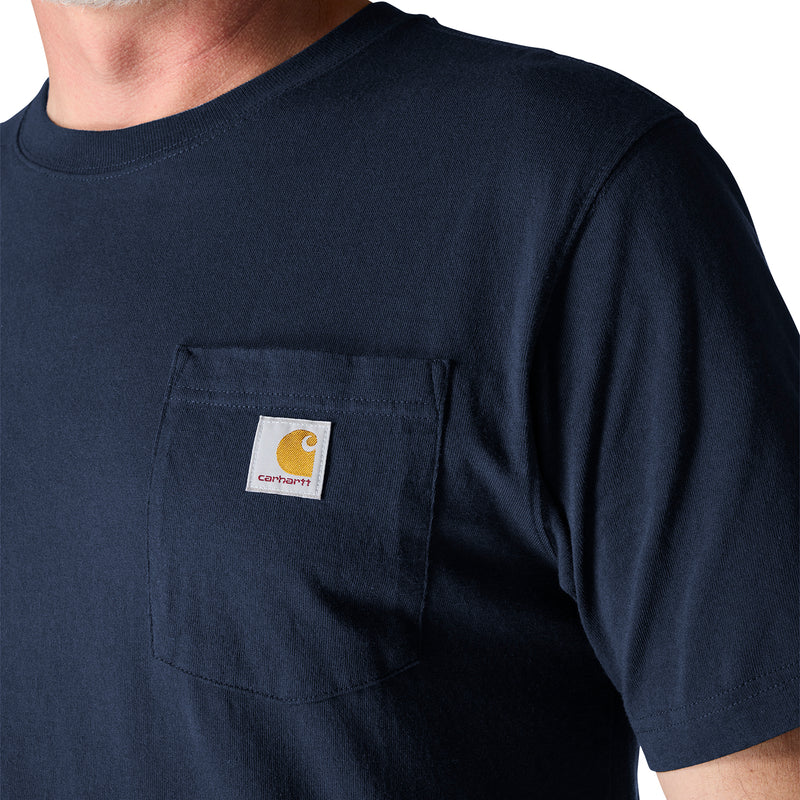 Men's navy pocket T-shirt with stitched chest pocket and Carhartt woven label