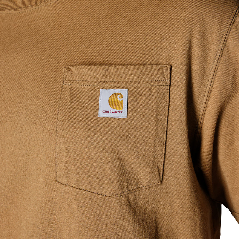 Carhartt Brown tee chest pocket with tan stitch detail and Carhartt label patch