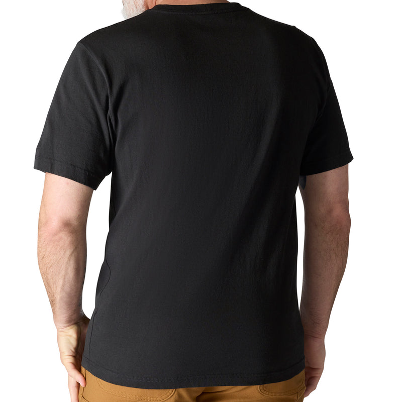 Black men’s pocket tee back view with crew neck and short sleeves