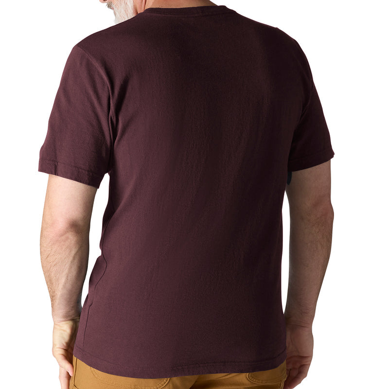 Men's loose-fit pocket tee in dark port maroon, back view.