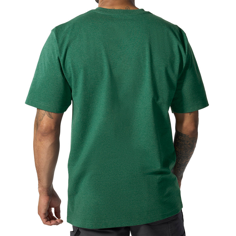 Back view of green loose-fit pocket T-shirt with no visible graphic