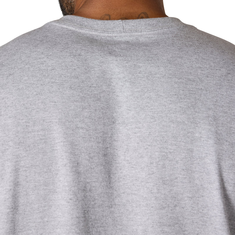 Heather grey crew-neck pocket tee back view, ribbed collar and textured knit.