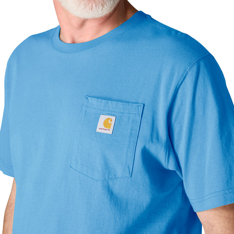 Horizon blue crew neck pocket T-shirt with small front logo patch on chest