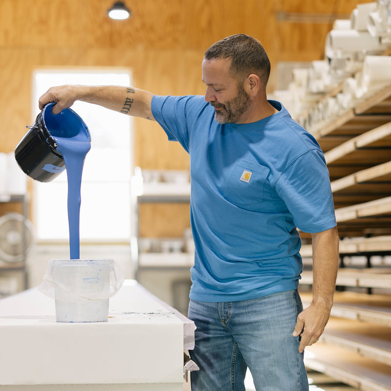 Men's horizon blue pocket tee on a man, crew neck and short sleeves