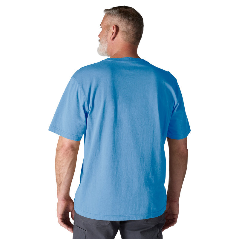 Back view of horizon blue loose-fit pocket T-shirt with short sleeves