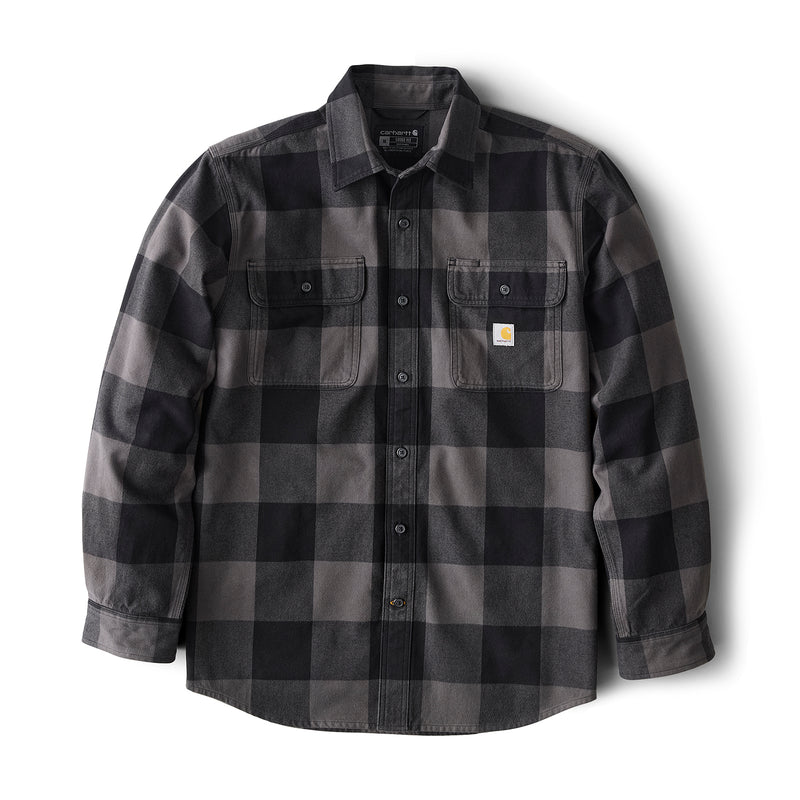 Men's loose plaid flannel shirt, dark gray and charcoal check, button-front, chest pockets