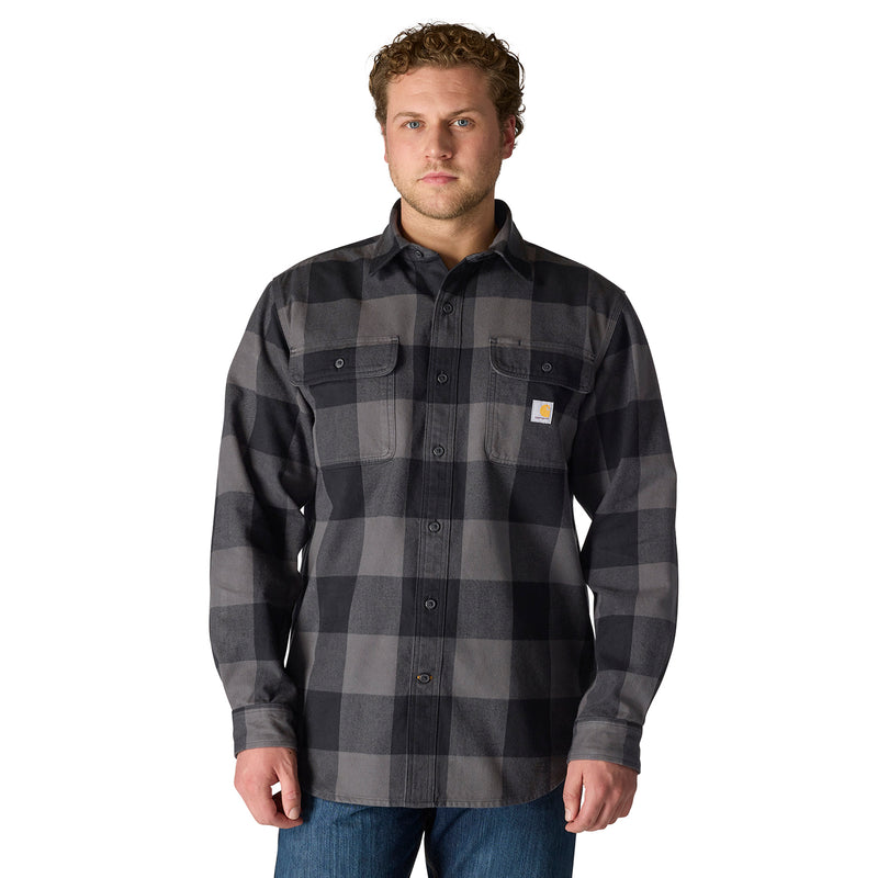 Men's plaid flannel button-up shirt with dark gray and charcoal checks, pointed collar