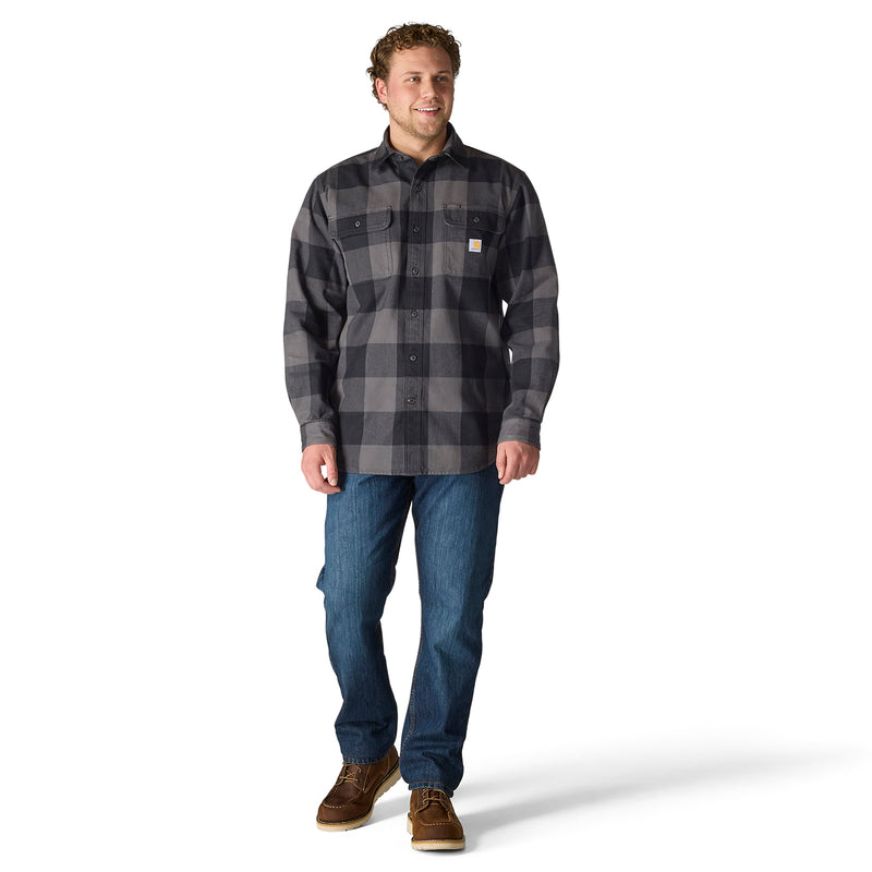 Men's plaid flannel shirt in dark gray and charcoal check, long sleeves, button placket