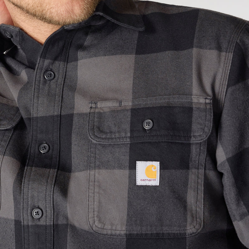 Men's plaid flannel chest pocket with button, dark gray and charcoal check, logo patch
