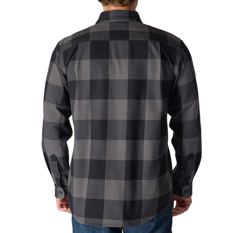 Men's plaid flannel shirt back view, dark gray and charcoal check, buttoned yoke