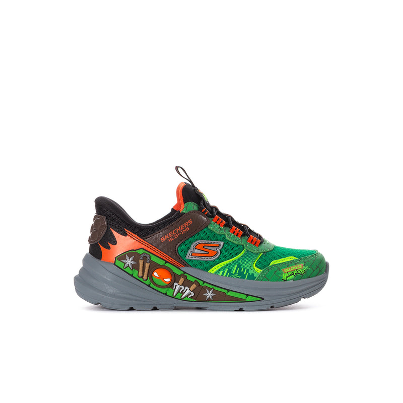 Kids green/orange mesh sneakers with chunky gray sole and side S logo