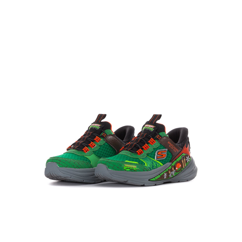 Kids green mesh sneakers with black heel, orange laces, and chunky gray sole