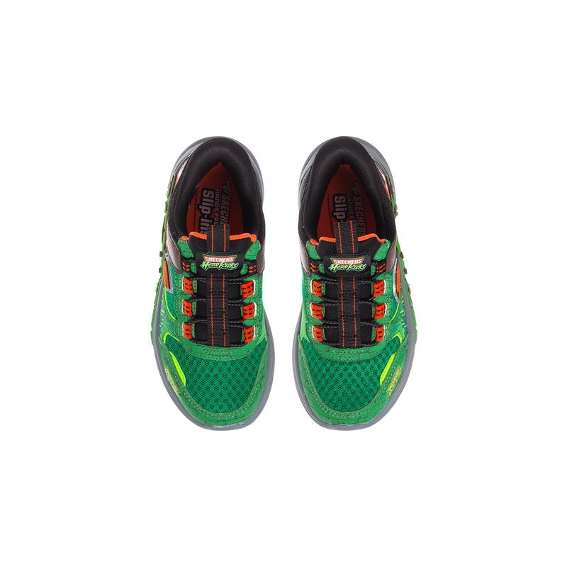 Pair of kids green mesh sneakers with black toe cap and orange lace accents