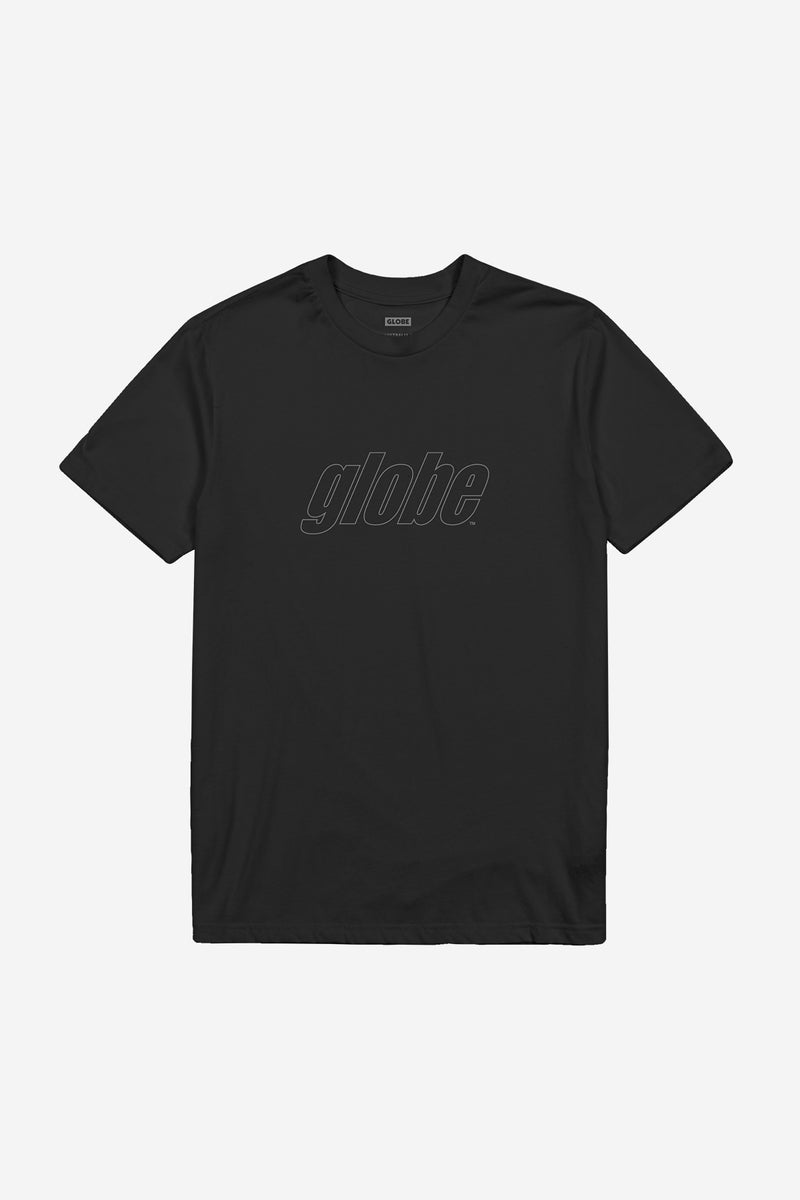 Black Impact T shirt with a subtle gray globe logo on the chest