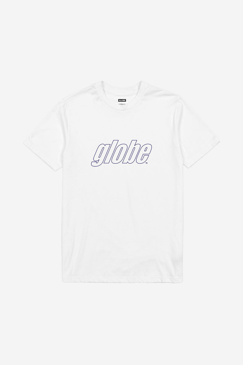 White Globe Impact Tee with a blue outlined globe logo across the chest.