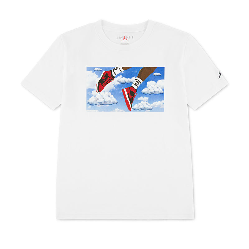 Youth white crew-neck T-shirt with rectangular sneaker graphic on chest