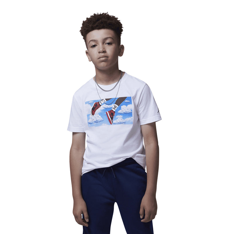 Youth white crew-neck tee with sneaker graphic chest print