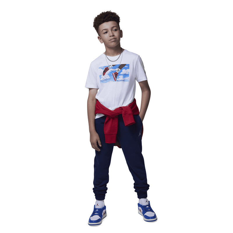 Youth white crew-neck T-shirt with sneaker graphic print across chest