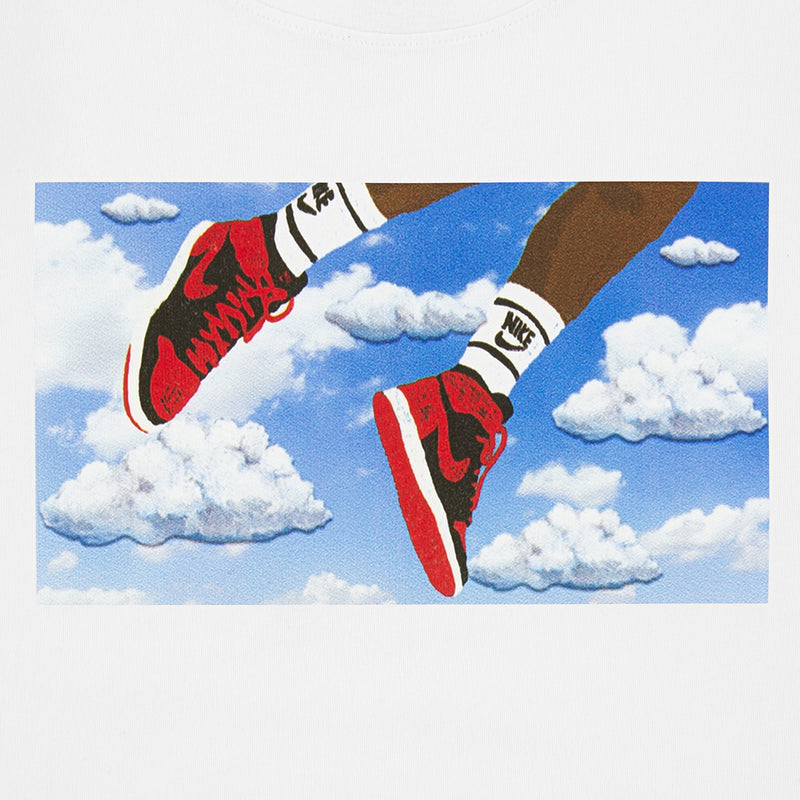 Rectangular print on youth white tee: red and blue sneakers over clouds