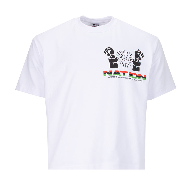 White men's graphic T-shirt with black figures, sunburst, and colorful 'JUNETEENTH NATION' text