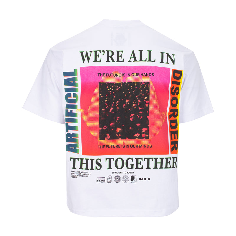 White men's T-shirt with large back print: 'WE'RE ALL IN', square graphic, 'THIS TOGETHER'