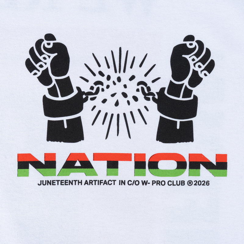 White men's T-shirt with black figures and sunburst above 'NATION' and 'JUNETEENTH' text