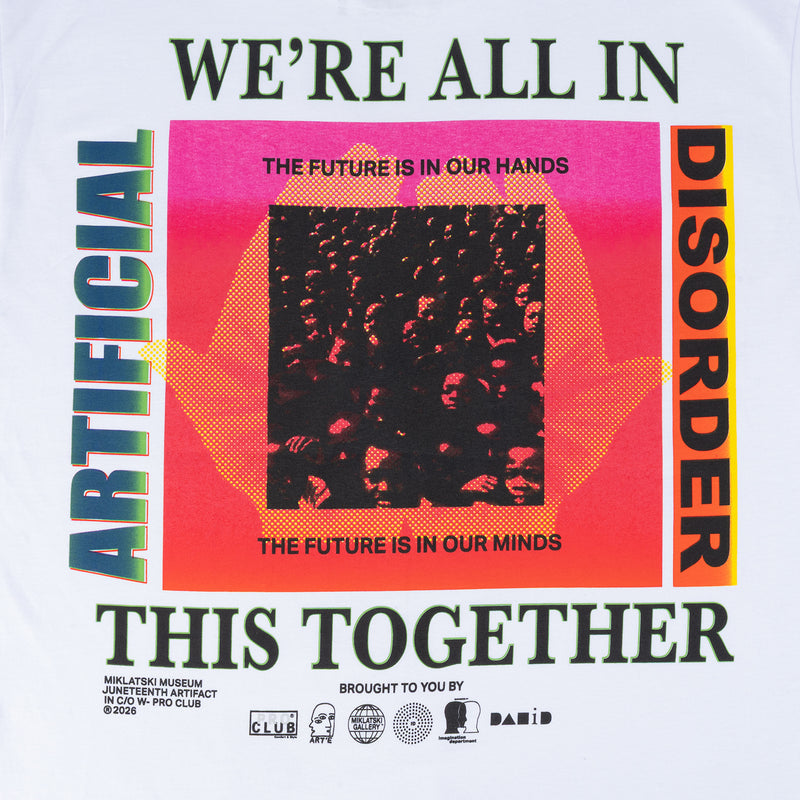 White men's graphic T-shirt with back text 'WE'RE ALL IN' and 'THIS TOGETHER' over square art