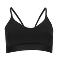 Black sports bra with wide underband and thin racerback straps, Nike logo