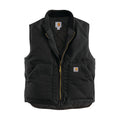 Men's black insulated vest with rib collar, full-zip front and two front pockets
