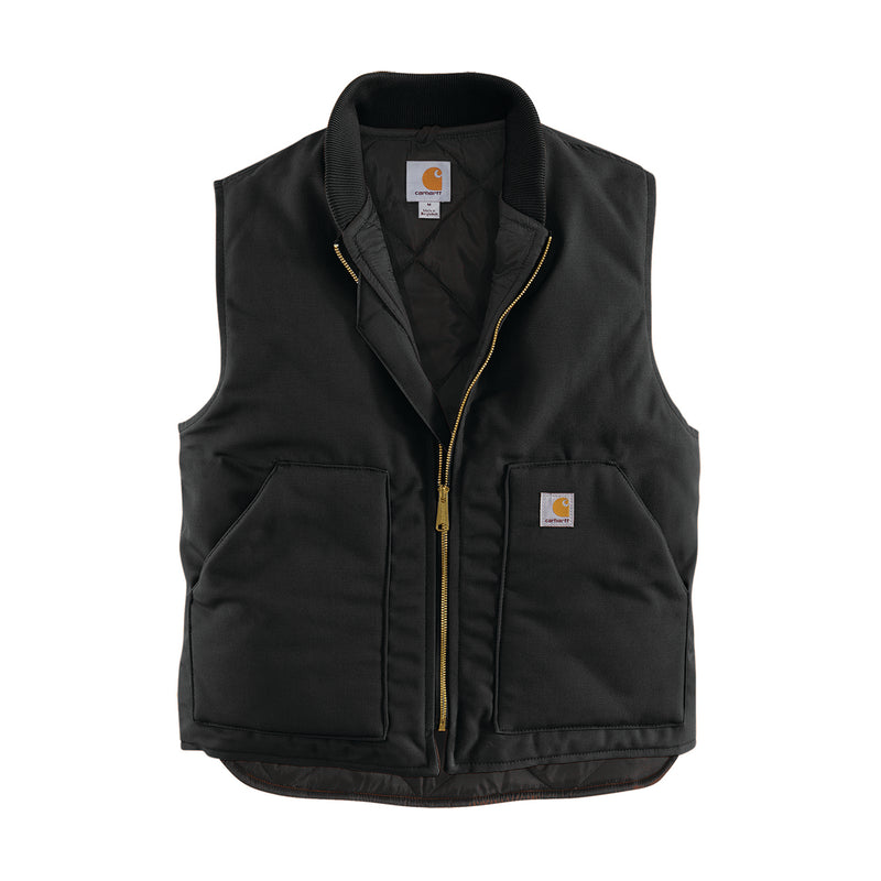 Men's black insulated vest with rib collar, full-zip front and two front pockets