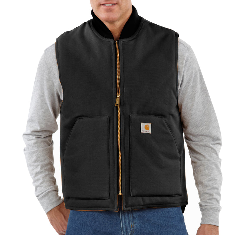 Men's black insulated vest with rib collar, full-zip and two front pockets