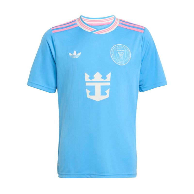 Youth light-blue soccer jersey with pink collar trim, team crest, and anchor logo